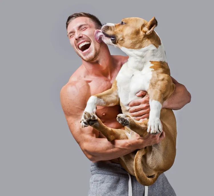 Dog, Men, Muscular Build, Shirtless, Strength