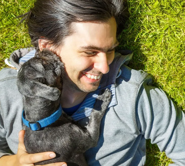 Dog, Grass, Men, Licking, Puppy