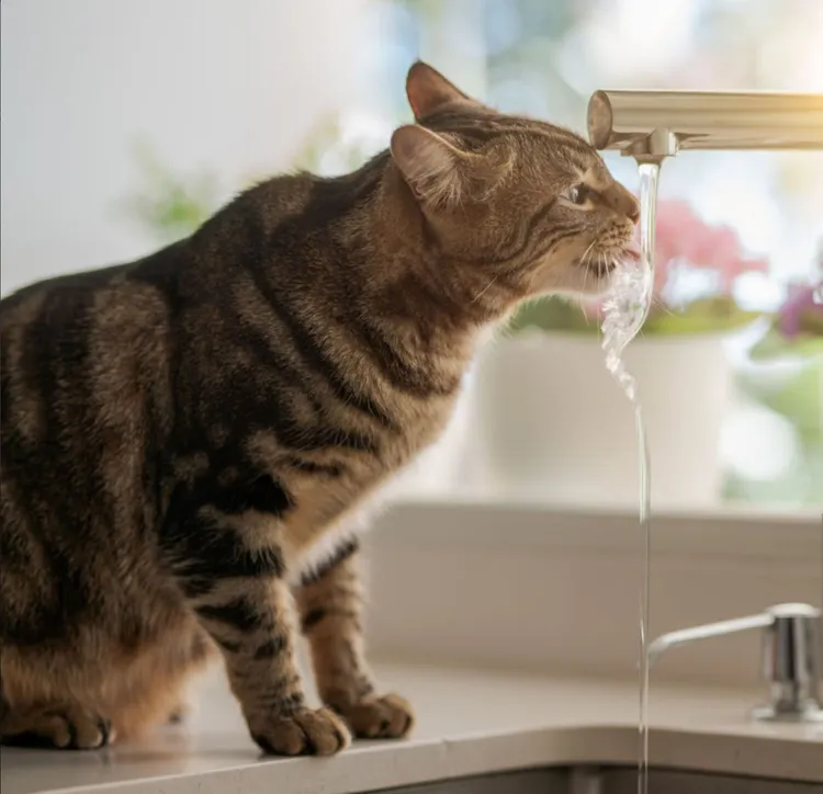 Domestic Cat, Drinking, Water, Faucet, Kitchen